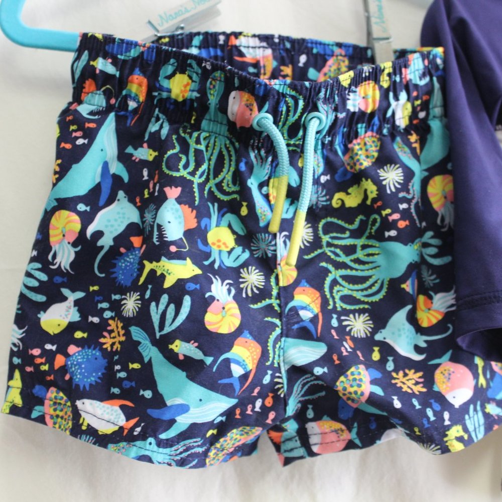 Set 💙 Cat & Jack Tropical Rash Guard Swim Shorts 12M Sunglasses - Picture 4 of 12